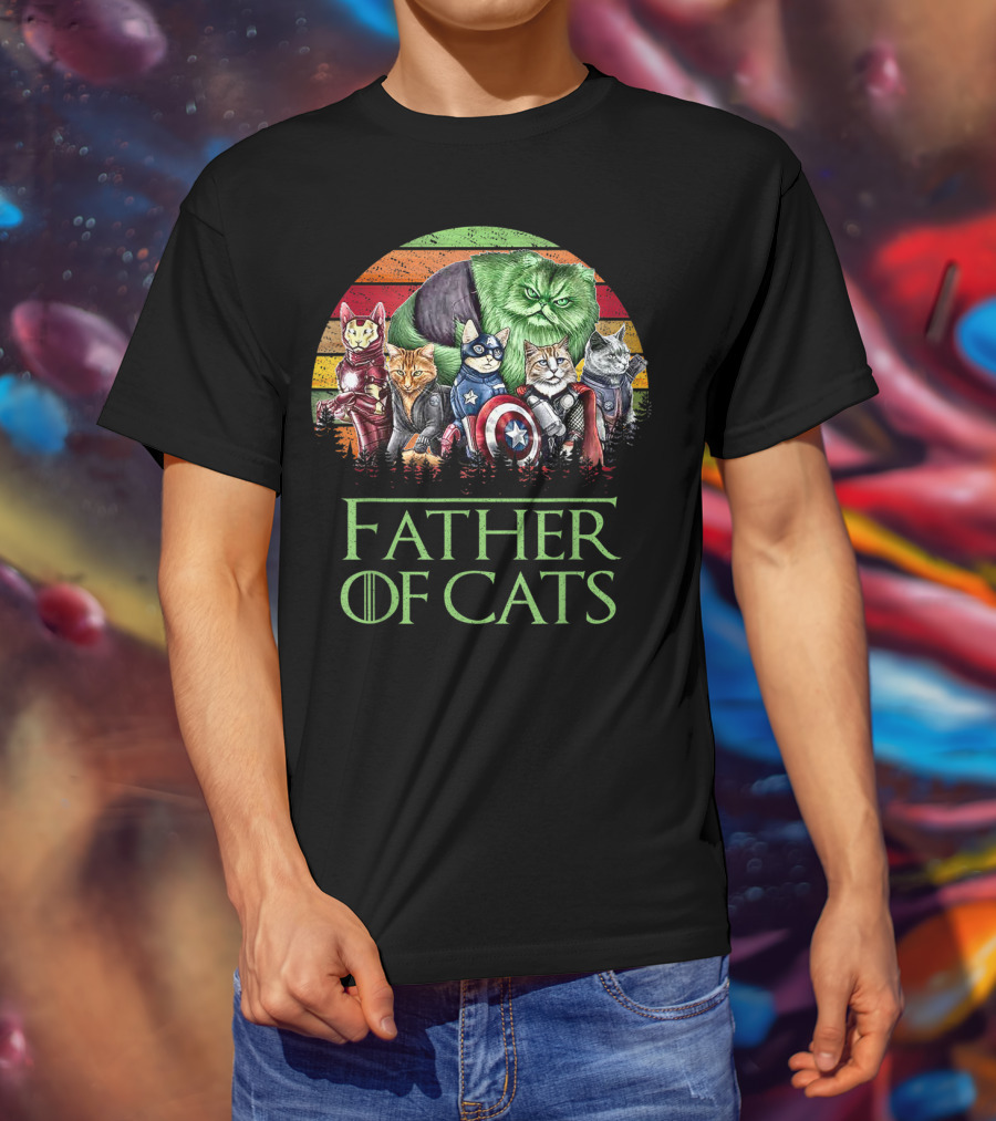 Father Of Cats Dad Cat With Superhero Cats T-Shirt
