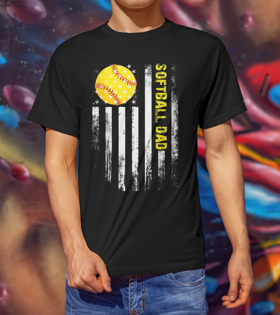 Softball Dad American Flag Father's Day T-Shirt