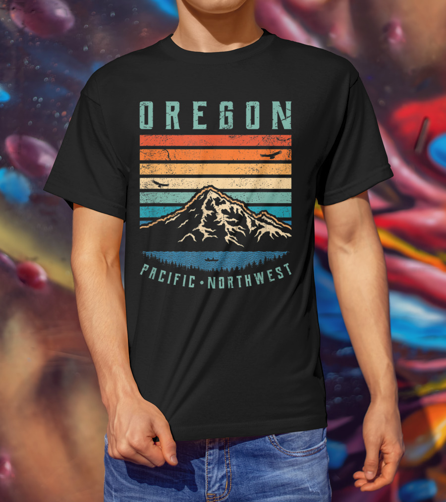 Oregon Pacific Northwest Vintage Portland Mountain Sunset Stripes T-Shirt