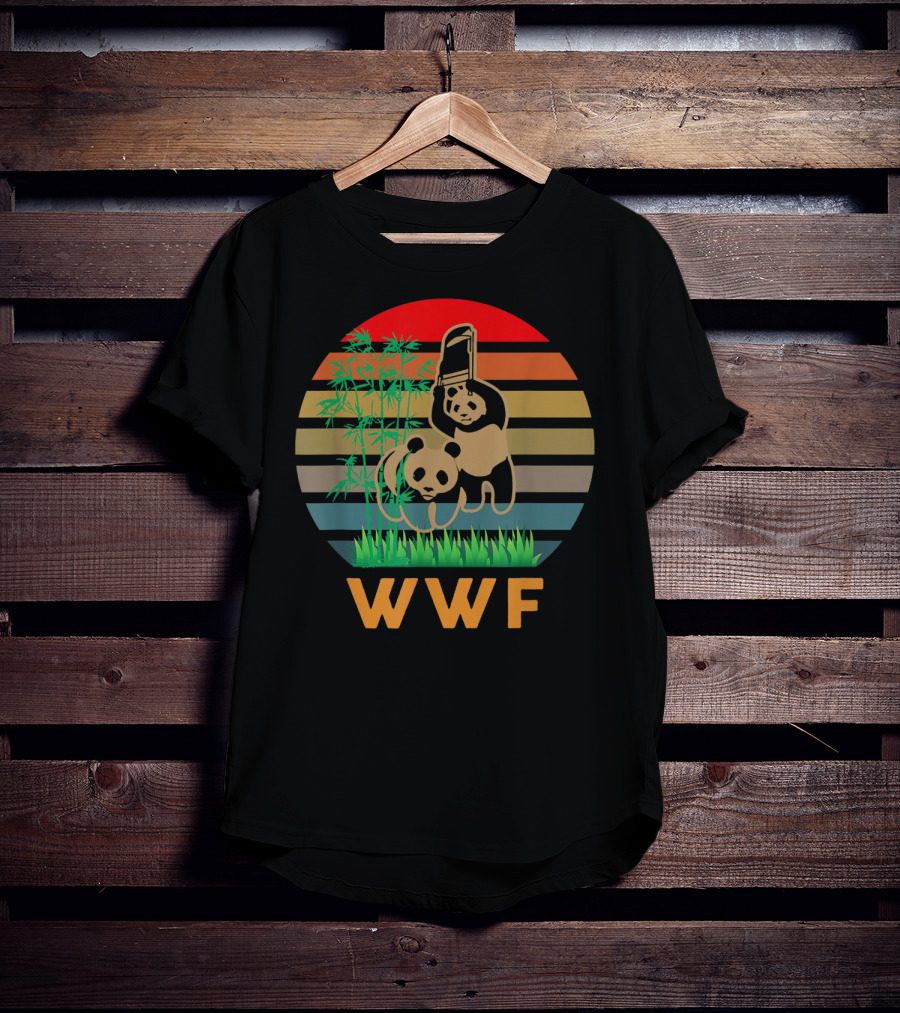 WWF Panda Bears With Bamboo And Retro Stripes T-Shirt