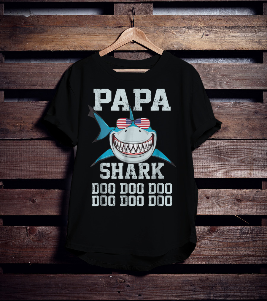 Papa Shark Doo Doo Doo Doo American Flag Sunglasses Fathers T-Shirt