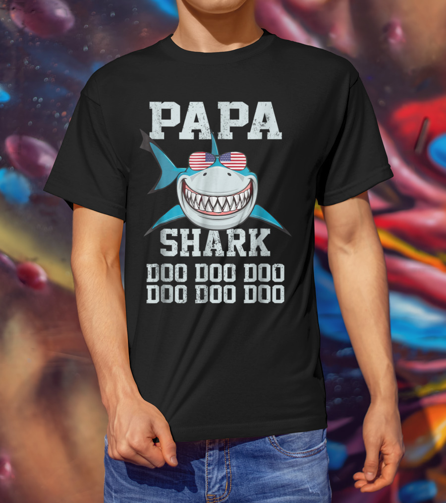 Papa Shark Doo Doo Doo Doo American Flag Sunglasses Fathers T-Shirt