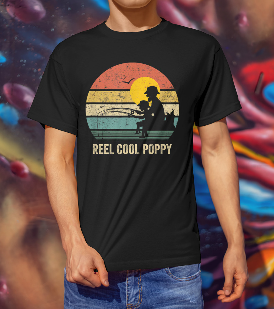 Reel Cool Poppy Vintage Fisherman Father's Retro Style Sun T-Shirt