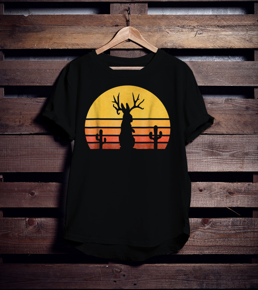 Retro Eighties Sunset Jackalope Silhouette With Cactus Vintage Cryptid T-Shirt