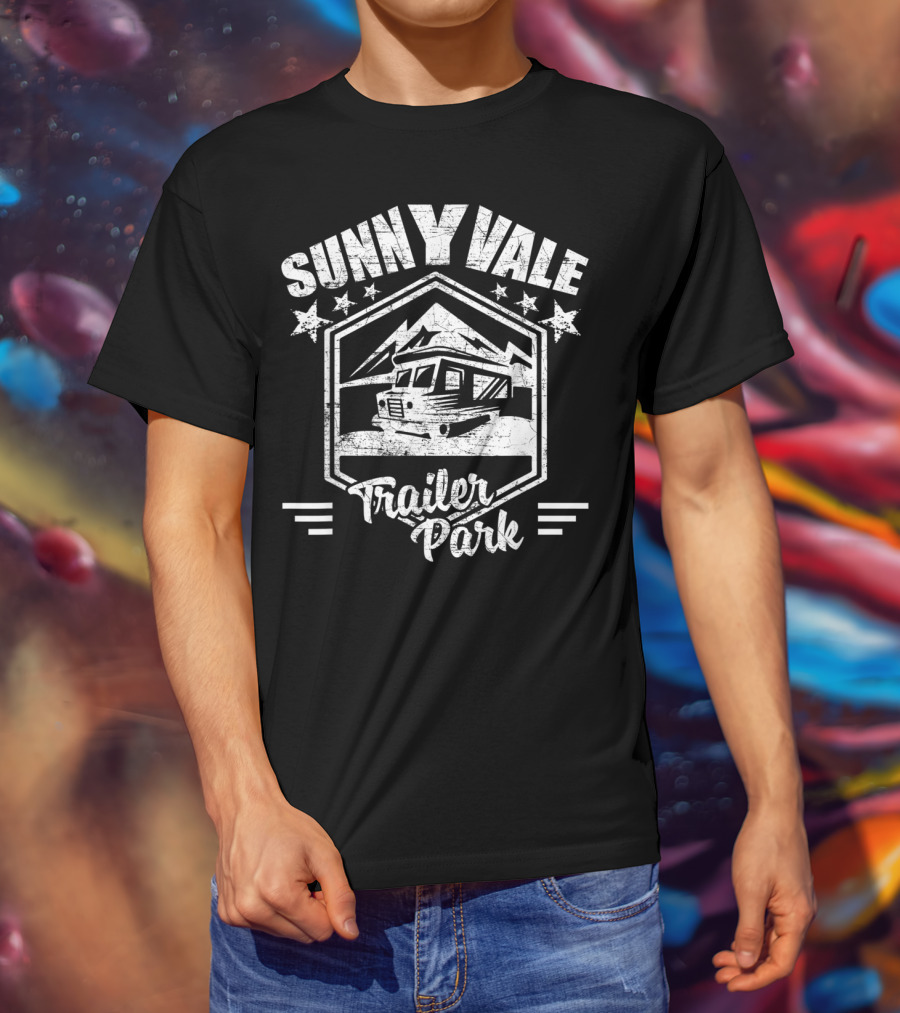 Sunnyvale Trailer Park Stars And Mountain Landscape Badge T-Shirt