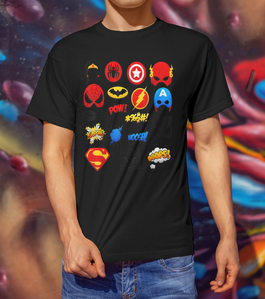 Superheroes Icons Spider Captain Batman Flash Wonder Emoji KABOOM POW OOOOPS Super T-Shirt