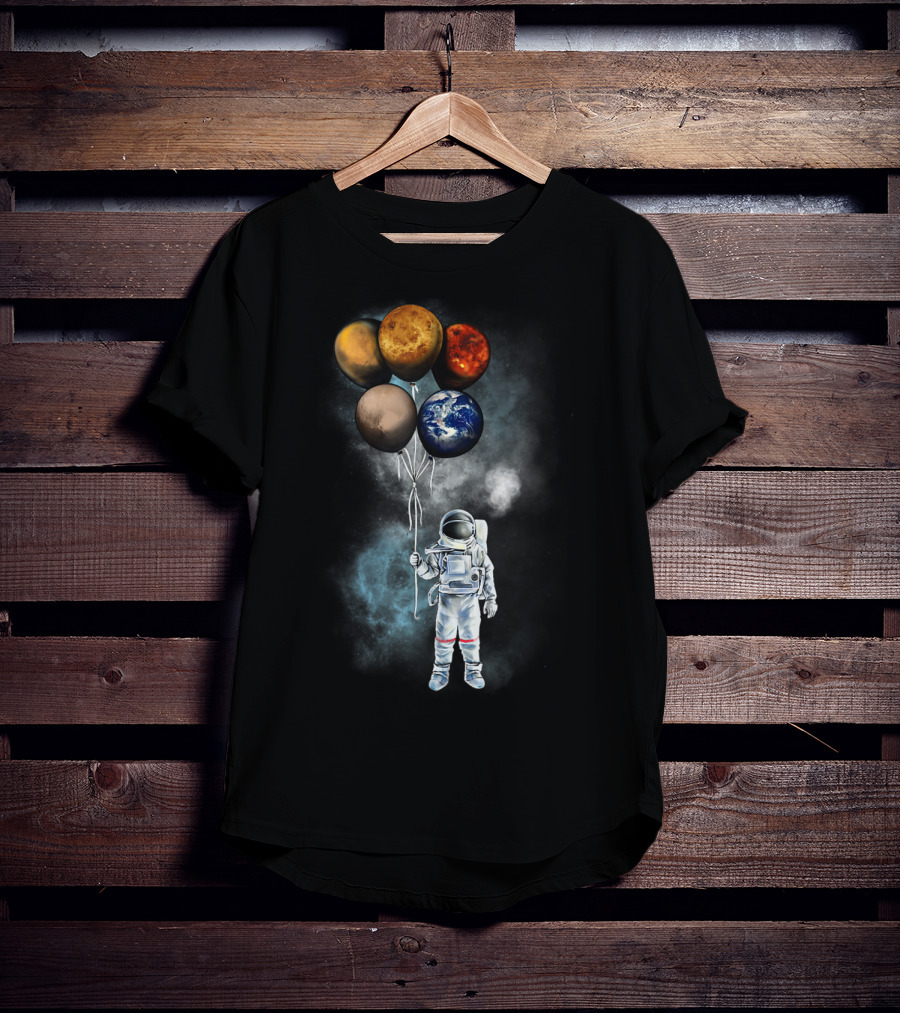 The Spaceman's Adventure Holding Planet Balloons In Outer Galaxy T-Shirt