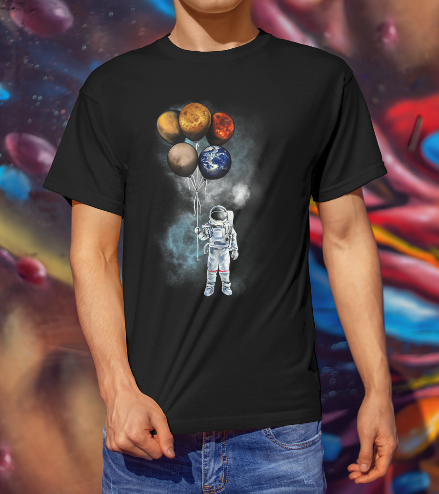 The Spaceman's Adventure Holding Planet Balloons In Outer Galaxy T-Shirt