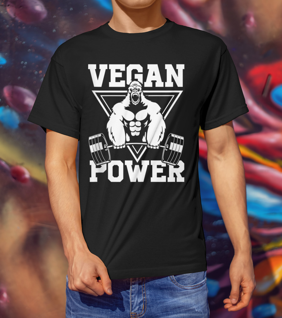 Vegan Power Gorilla Weightlifting Strength Fitness T-Shirt