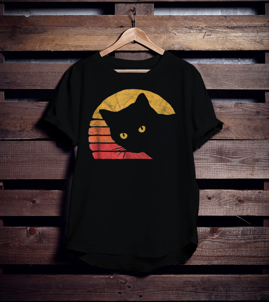 Vintage Eighties Style Cat Distressed Silhouette Retro Sunset T-Shirt
