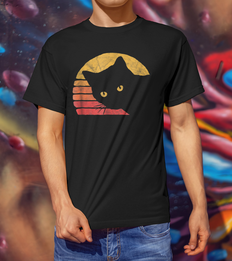 Vintage Eighties Style Cat Distressed Silhouette Retro Sunset T-Shirt