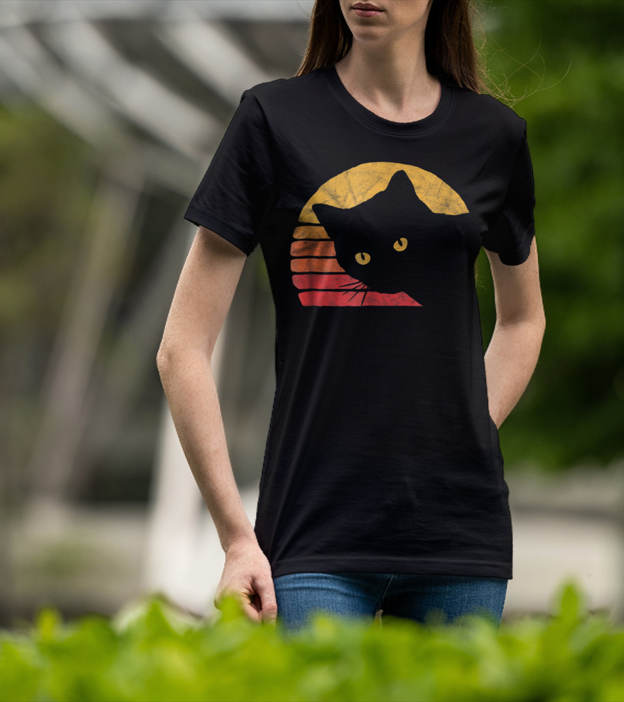 Vintage Eighties Style Cat Distressed Silhouette Retro Sunset T-Shirt