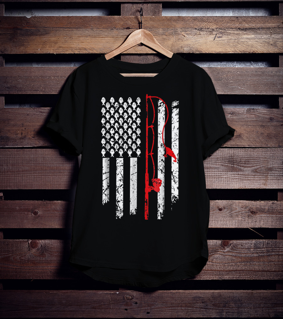 Vintage Fishing Clothes American Flag Bass Fishing Rod Fish T-Shirt