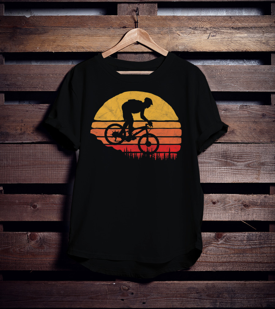 Vintage Mountain Biking Sunset Silhouette Forest Trail T-Shirt