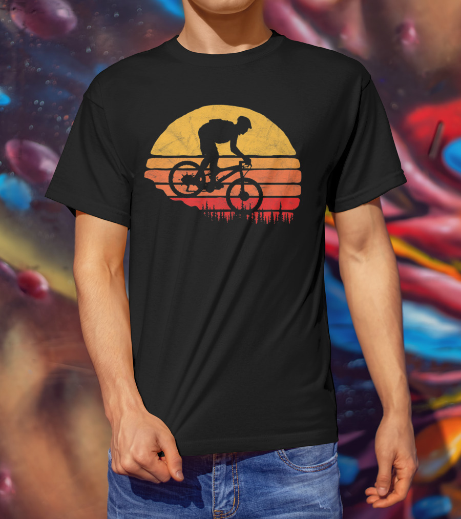 Vintage Mountain Biking Sunset Silhouette Forest Trail T-Shirt