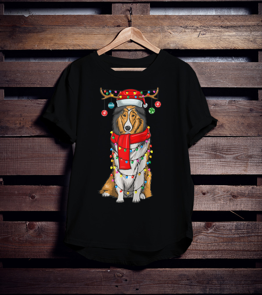 Christmas Cute Collie Dog Wrapped In Holiday Lights With Santa Hat And Antlers T-Shirt