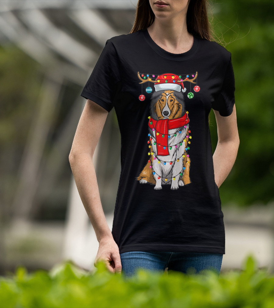 Christmas Cute Collie Dog Wrapped In Holiday Lights With Santa Hat And Antlers T-Shirt