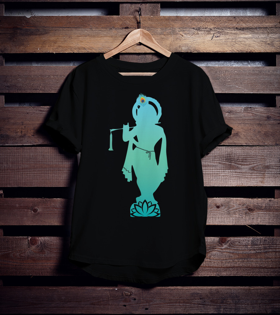 Divine Glory Lord Krishna Flute Silhouette With Peacock Feather And Lotus T-Shirt