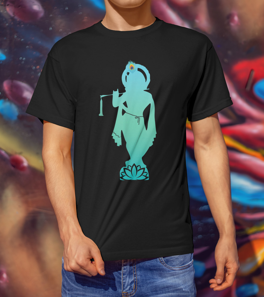 Divine Glory Lord Krishna Flute Silhouette With Peacock Feather And Lotus T-Shirt