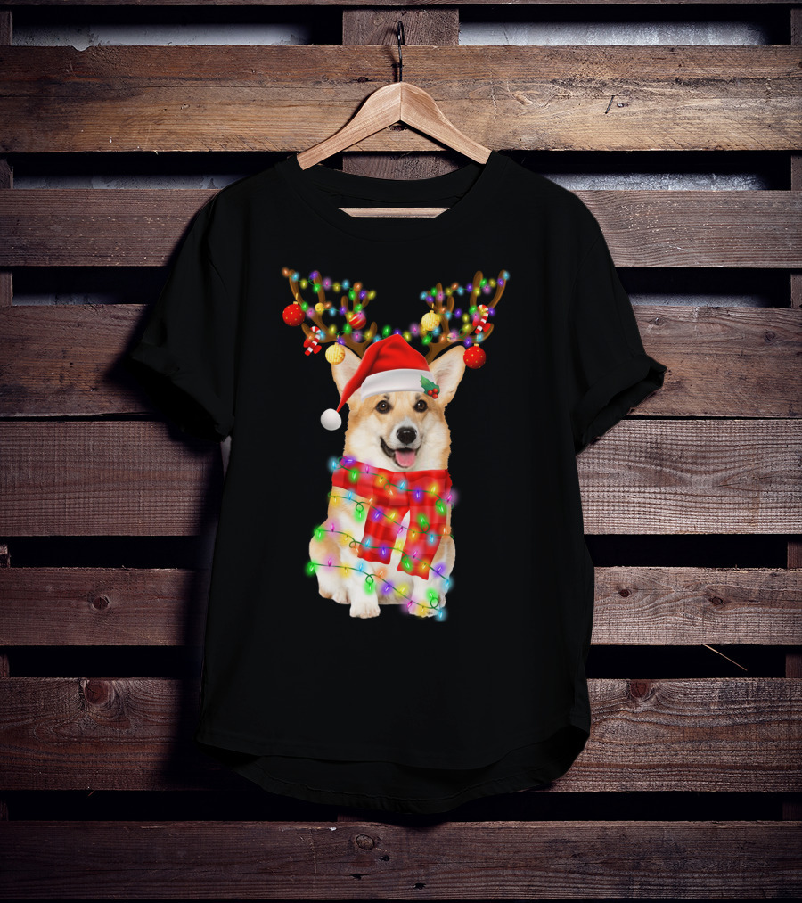 Funny Christmas Corgi Reindeer With Santa Hat And Festive Lights T-Shirt