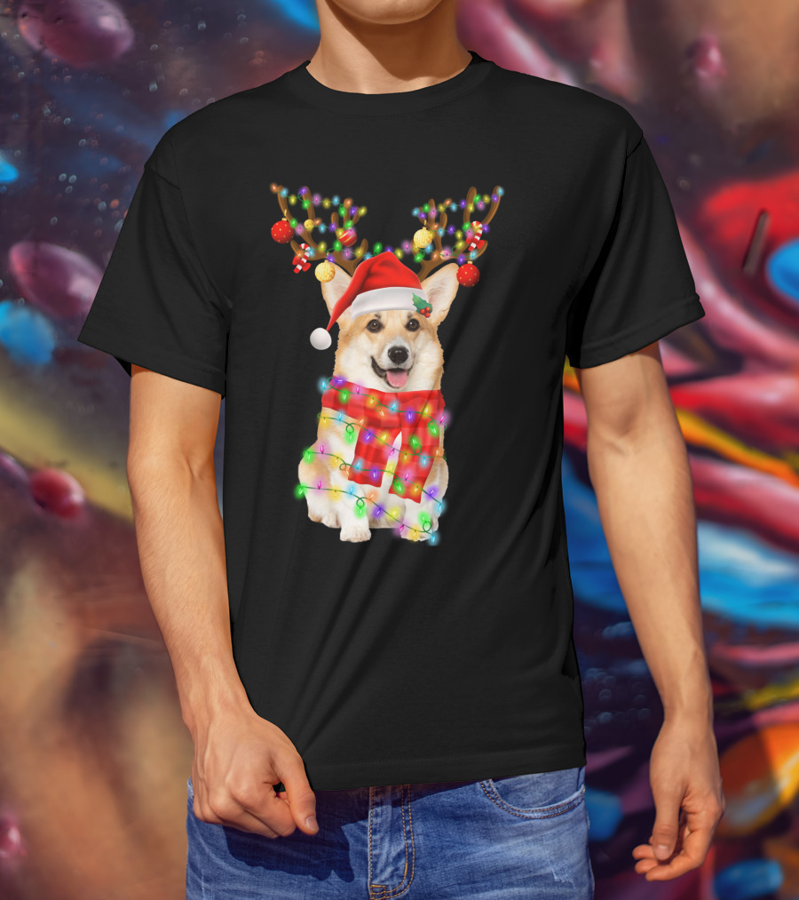Funny Christmas Corgi Reindeer With Santa Hat And Festive Lights T-Shirt