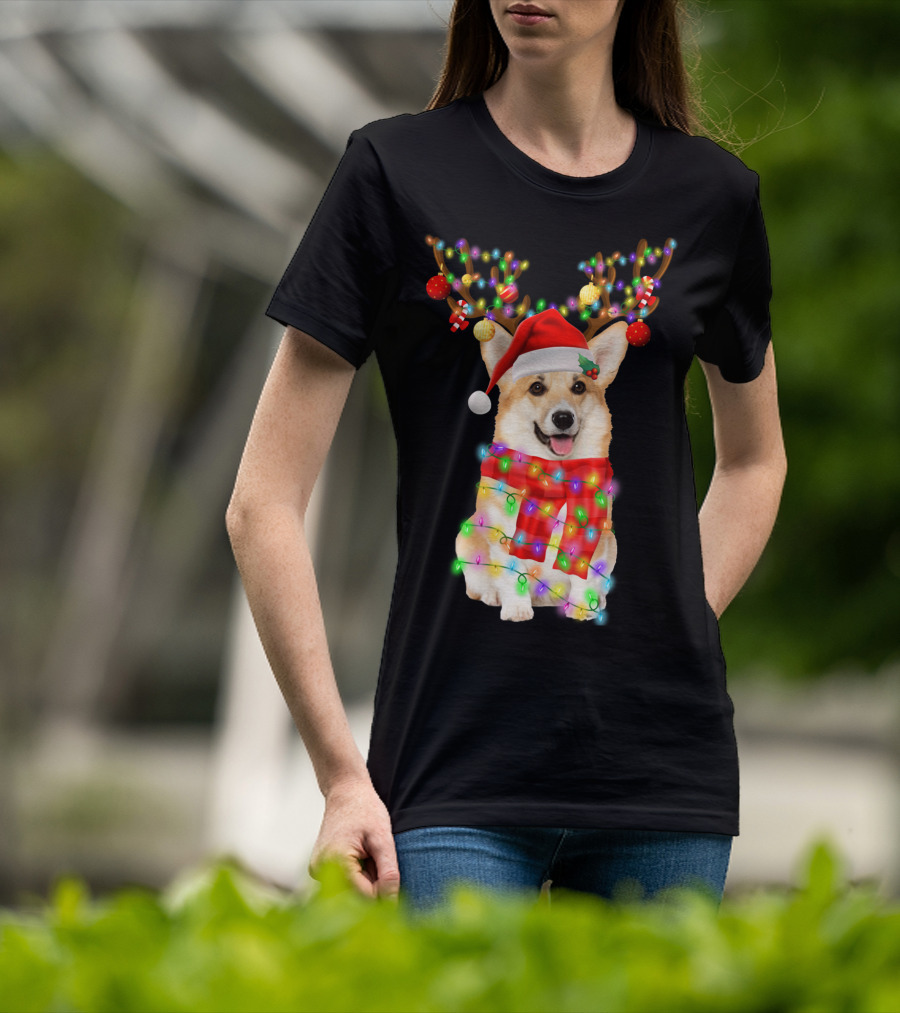Funny Christmas Corgi Reindeer With Santa Hat And Festive Lights T-Shirt