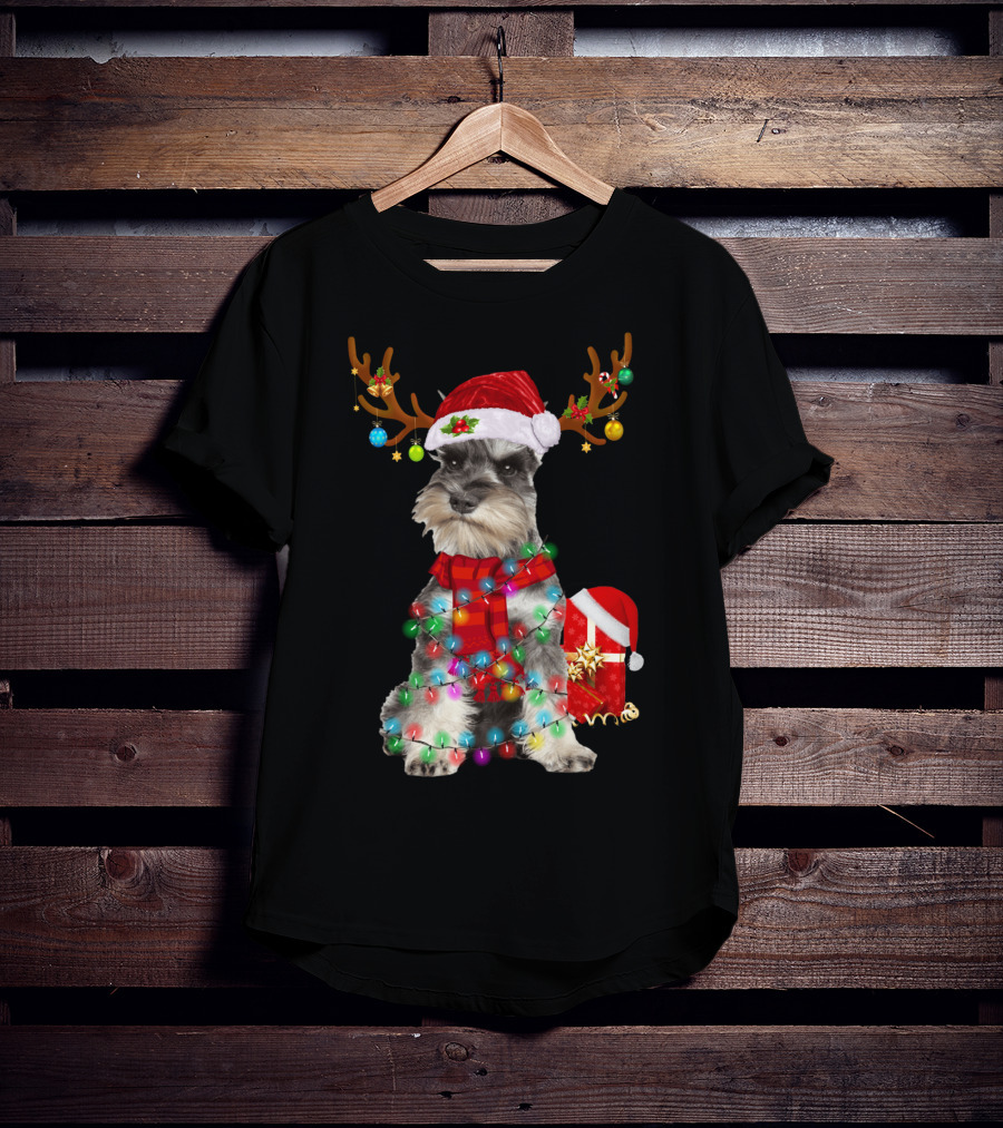 Funny Santa Hat Reindeer Miniature Schnauzer Christmas Lights T-Shirt