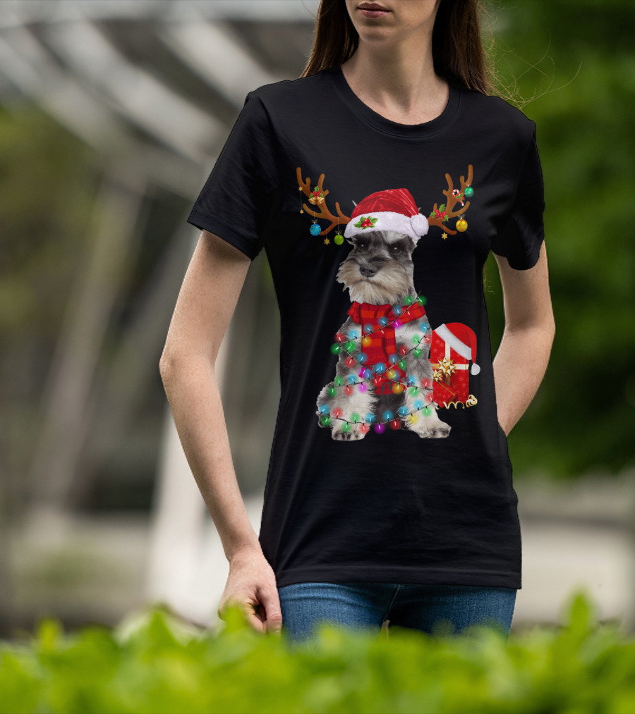 Funny Santa Hat Reindeer Miniature Schnauzer Christmas Lights T-Shirt