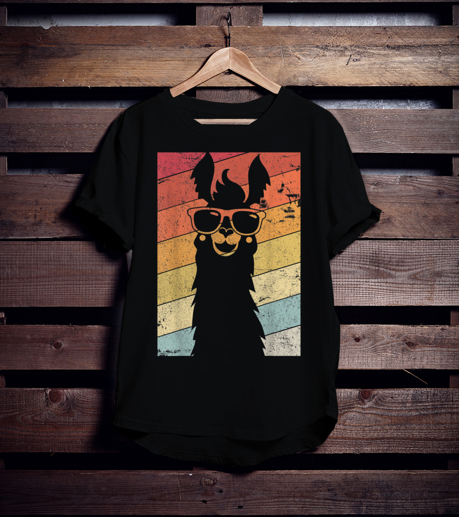 Retro Llama Style Alpaca With Sunglasses On Colorful Stripes T-Shirt