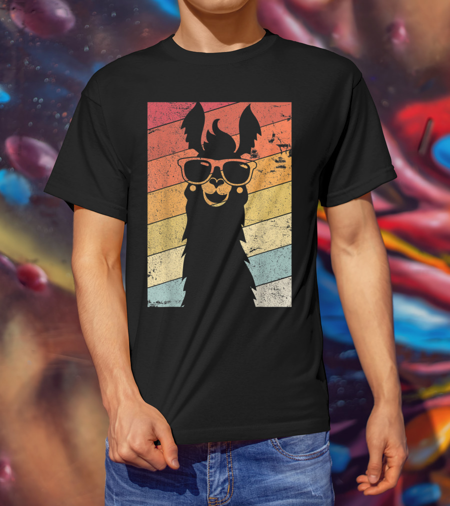 Retro Llama Style Alpaca With Sunglasses On Colorful Stripes T-Shirt