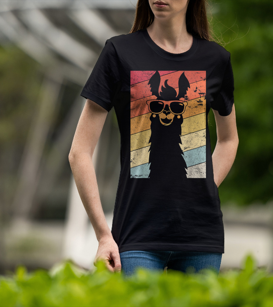 Retro Llama Style Alpaca With Sunglasses On Colorful Stripes T-Shirt