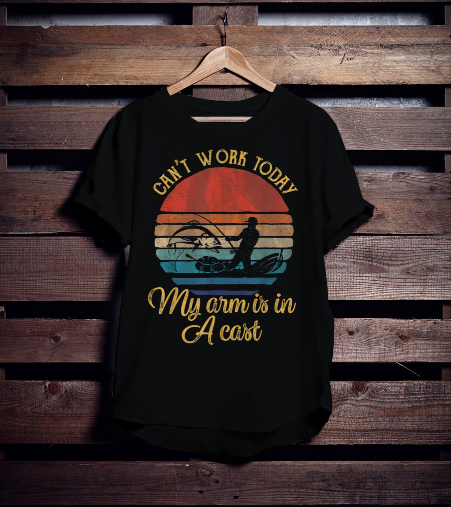 Can't Work Today My Arm Is In A Cast Vintage Sunset Fishing T-Shirt