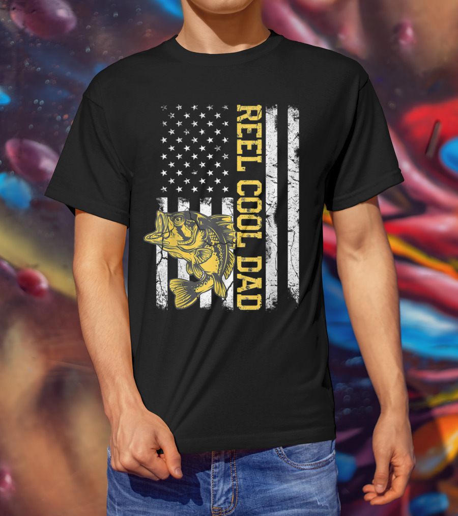 REEL COOL DAD American Flag Fishing T-Shirt