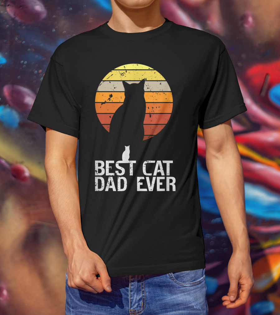 Mens Vintage Best Cat Dad Ever Cat Daddy Retro Sunset T-Shirt