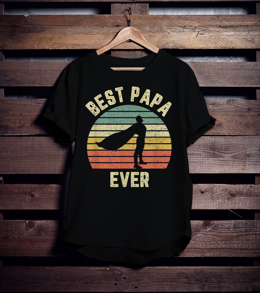 Best Papa Ever Superhero Vintage Retro Stripes T-Shirt