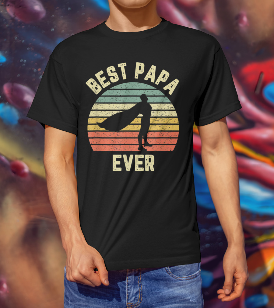 Best Papa Ever Superhero Vintage Retro Stripes T-Shirt
