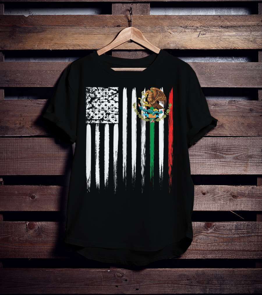 Mexican American Flag With Eagle And Serpent Symbol On Distressed Stripes T-Shirt
