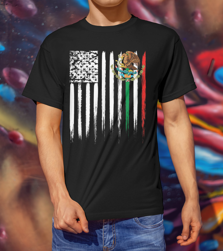 Mexican American Flag With Eagle And Serpent Symbol On Distressed Stripes T-Shirt