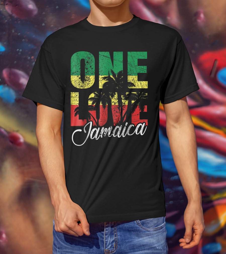 One Love Jamaica Caribbean Vacation Reggae Colors Palm Trees T-Shirt