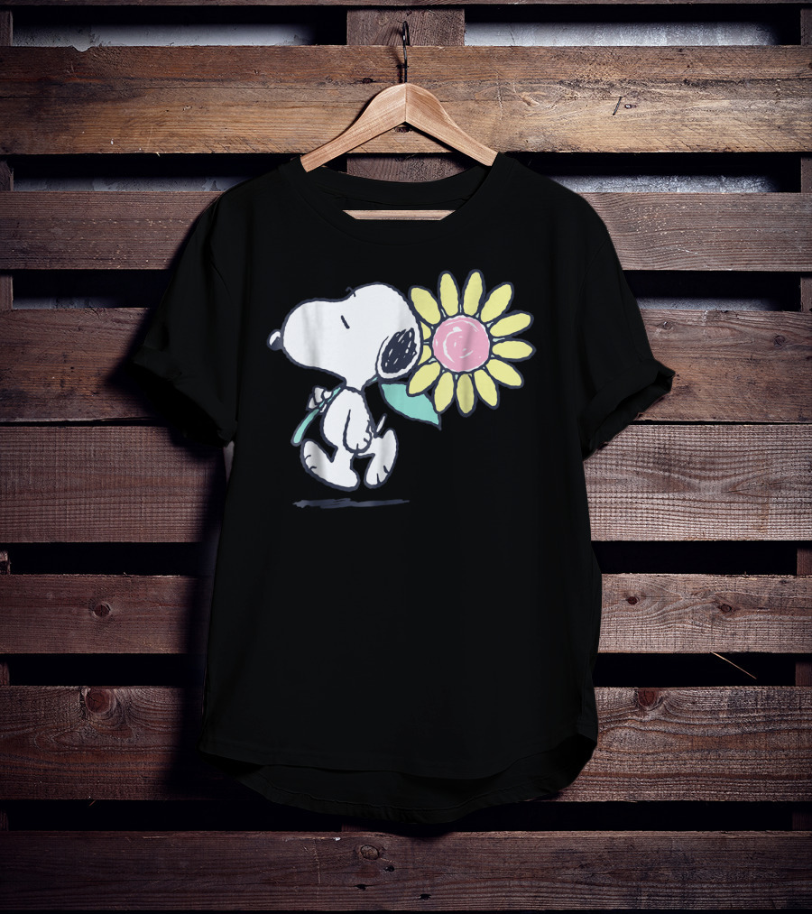 Peanuts Snoopy Walking With Pink Daisy Flower T-Shirt