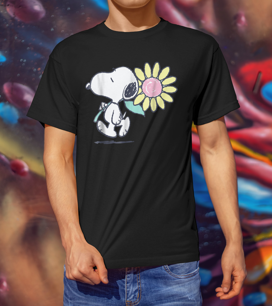 Peanuts Snoopy Walking With Pink Daisy Flower T-Shirt