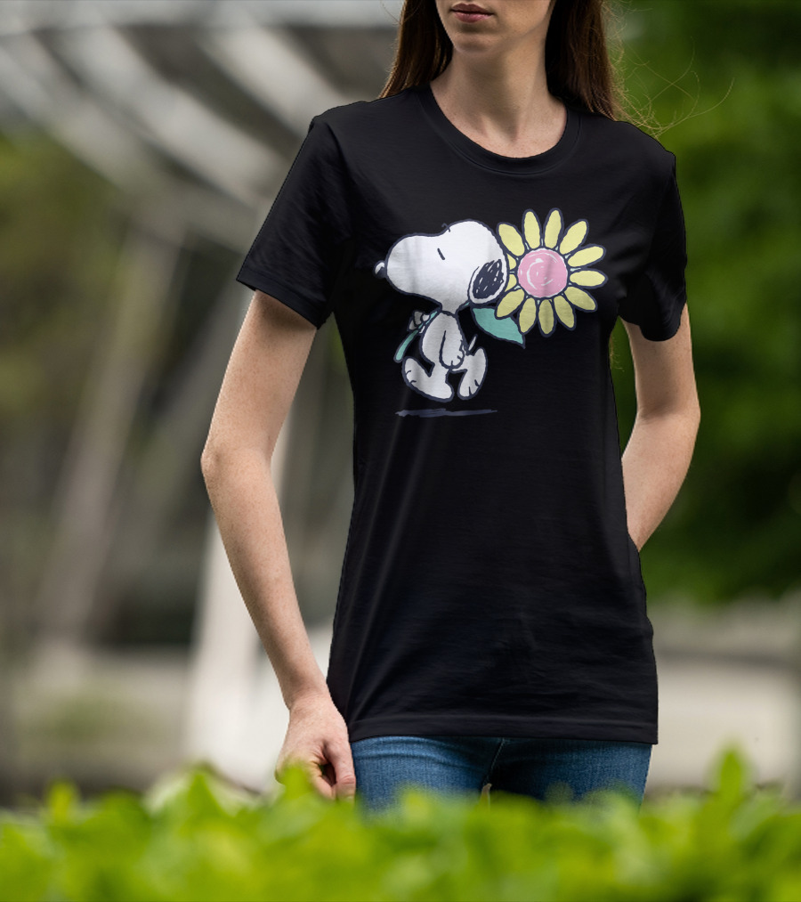 Peanuts Snoopy Walking With Pink Daisy Flower T-Shirt