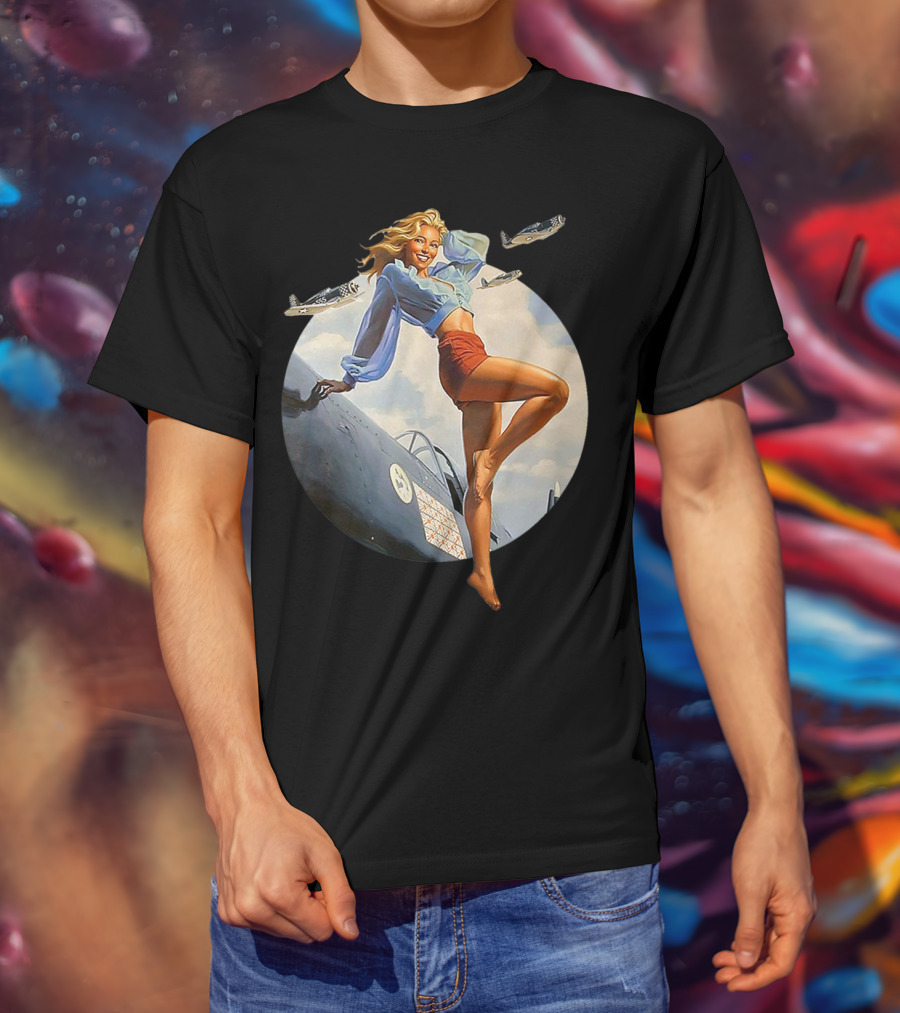 Pin Up Blonde With WWII 40s Air Force Plane And Iconic T-Shirt