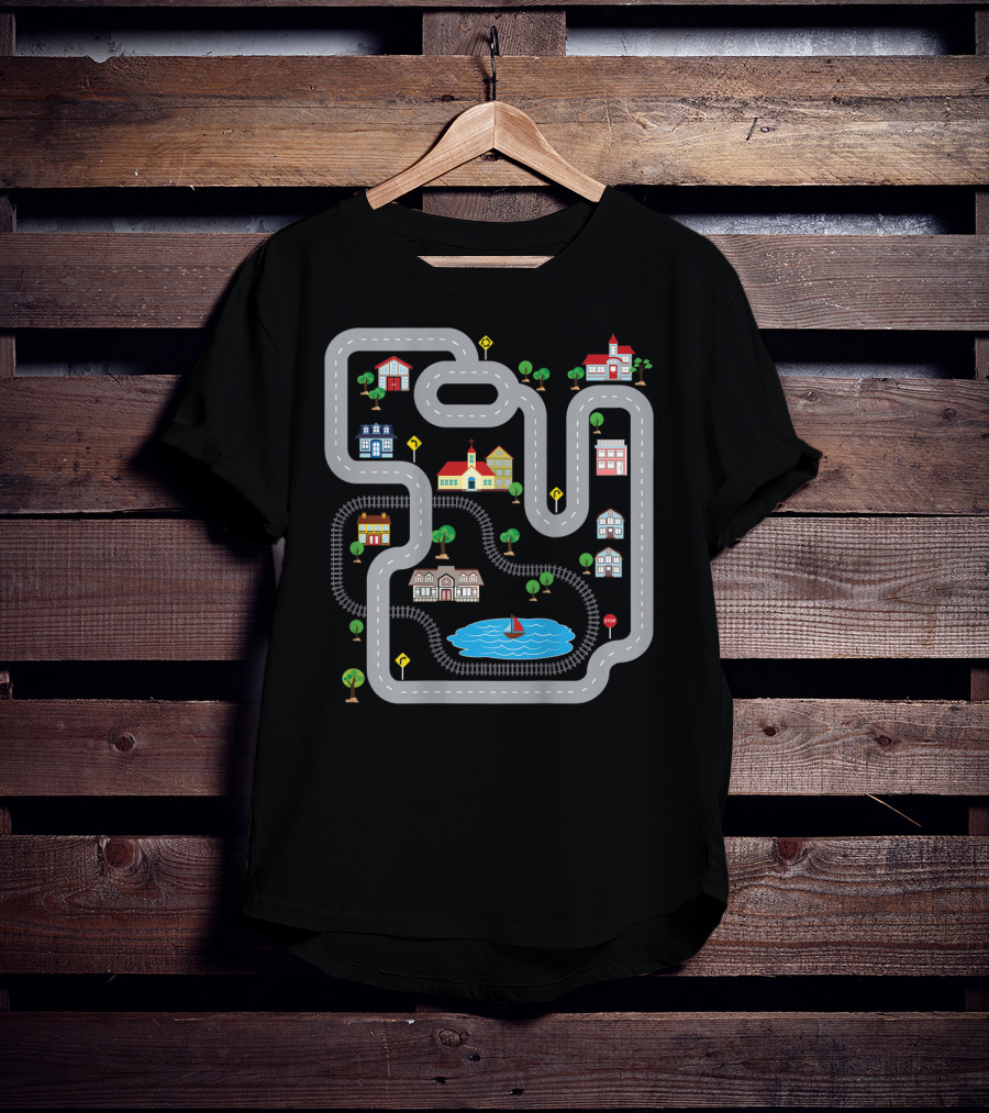 Playmat Road With Train Track And Car Race Route Through Town T-Shirt