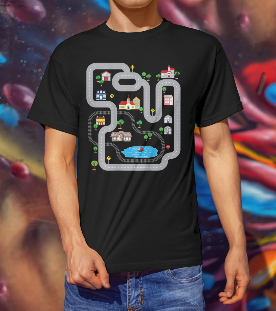 Playmat Road With Train Track And Car Race Route Through Town T-Shirt