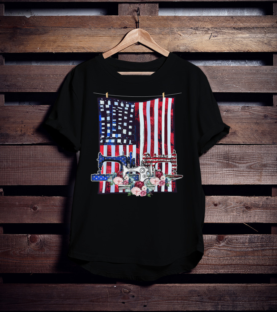 American Quilting Sewing Machines USA Flag Floral T-Shirt