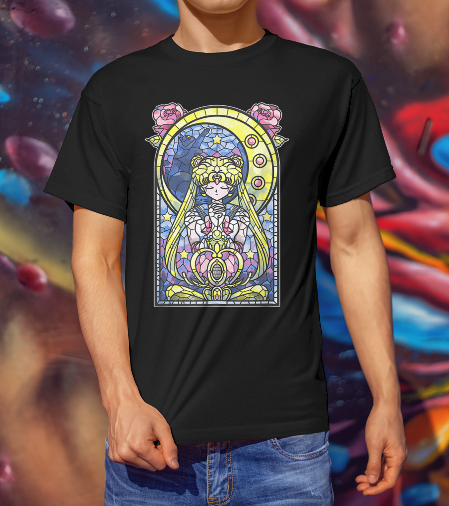Sailor Moon Blessing Stained Glass Style Roses And Moon Phases T-Shirt