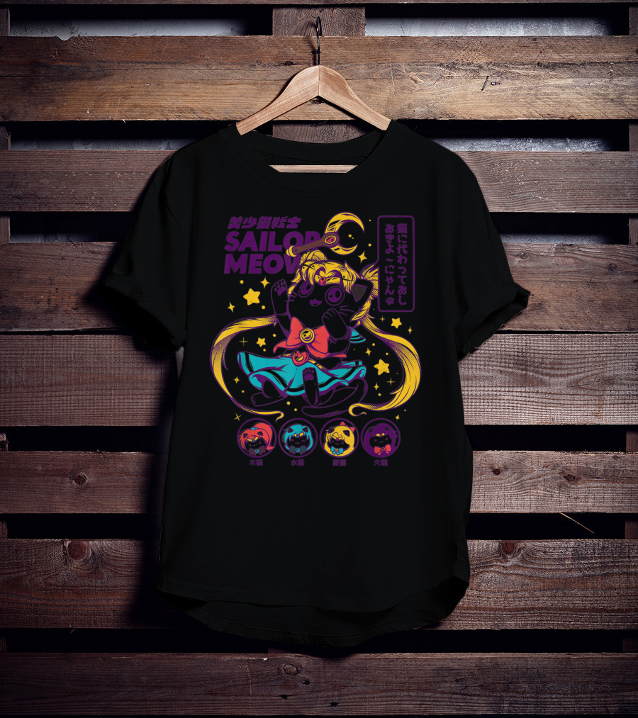 Sailor Meow Moon Anime Cat With Stars And Symbols T-Shirt