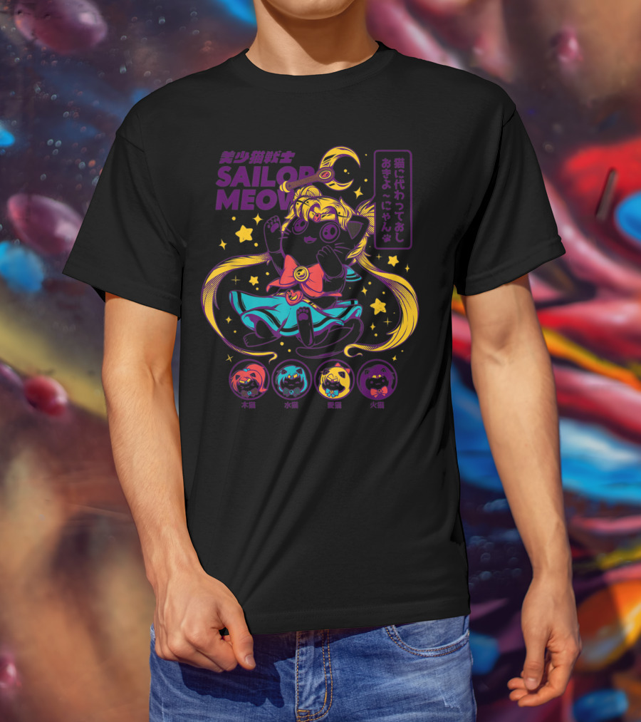 Sailor Meow Moon Anime Cat With Stars And Symbols T-Shirt