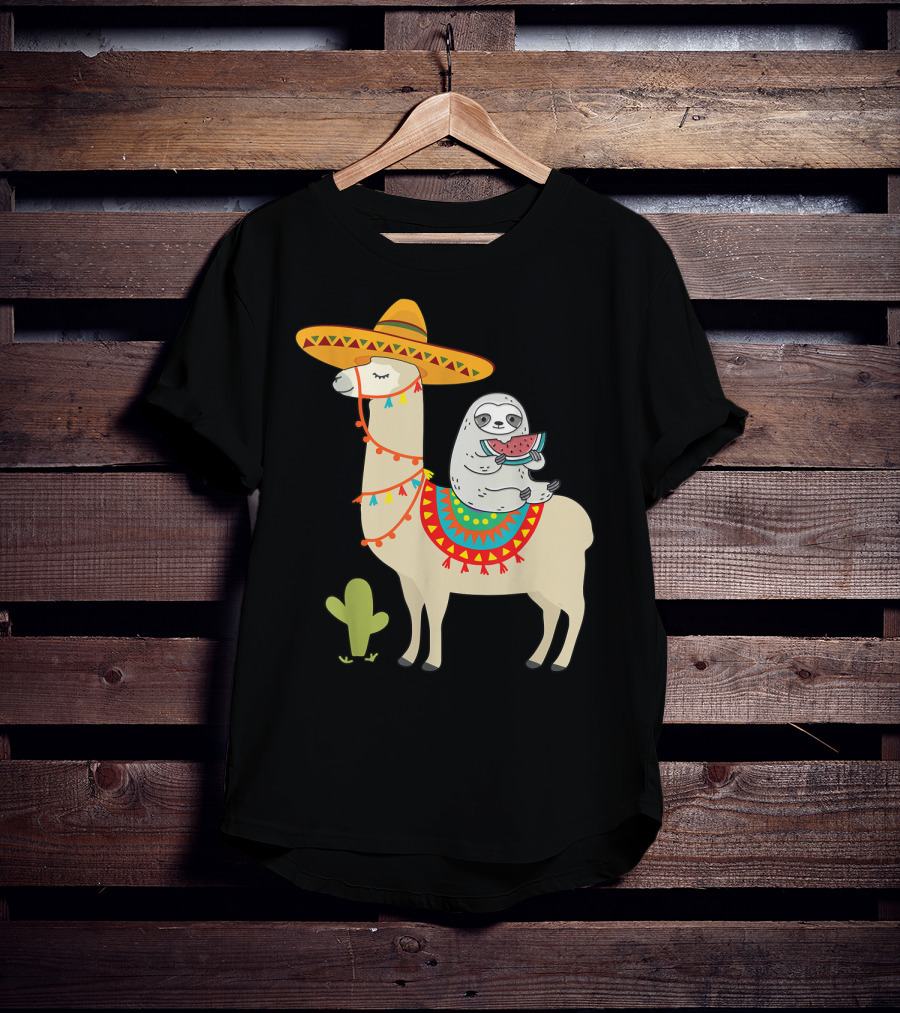 Cinco De Mayo Sloth Riding Llama Fiesta With Sombrero And Cactus T-Shirt